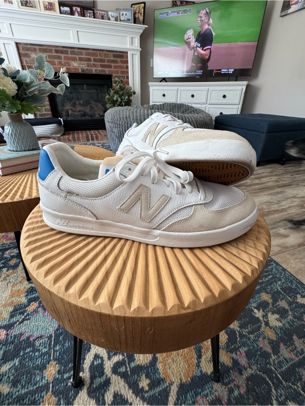 New Balance White Sneakers with Blue Heel Accent